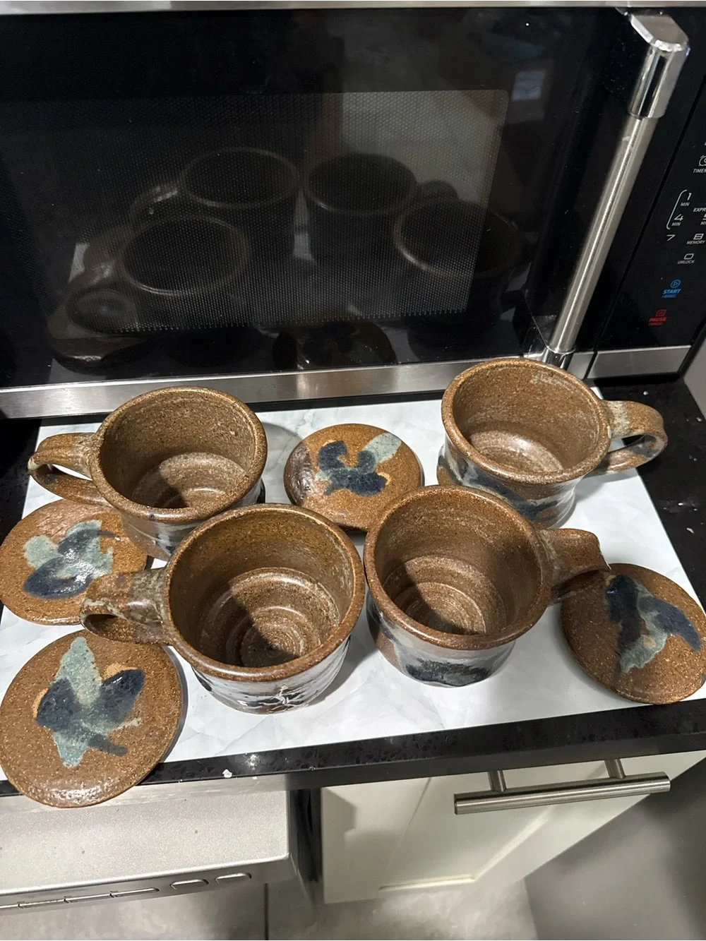 Handcrafted Ceramic Lidded Mugs - Blue and Brown